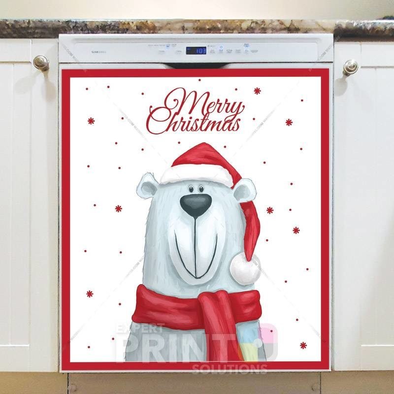 Smiling Polar Bear in Santa Hat Dishwasher Magnet