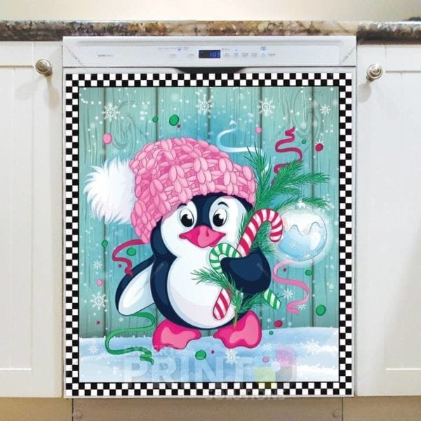 Christmas Penguin in Pink Hat Dishwasher Magnet