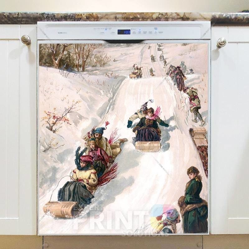 Vintage Tobogganing Families Dishwasher Magnet