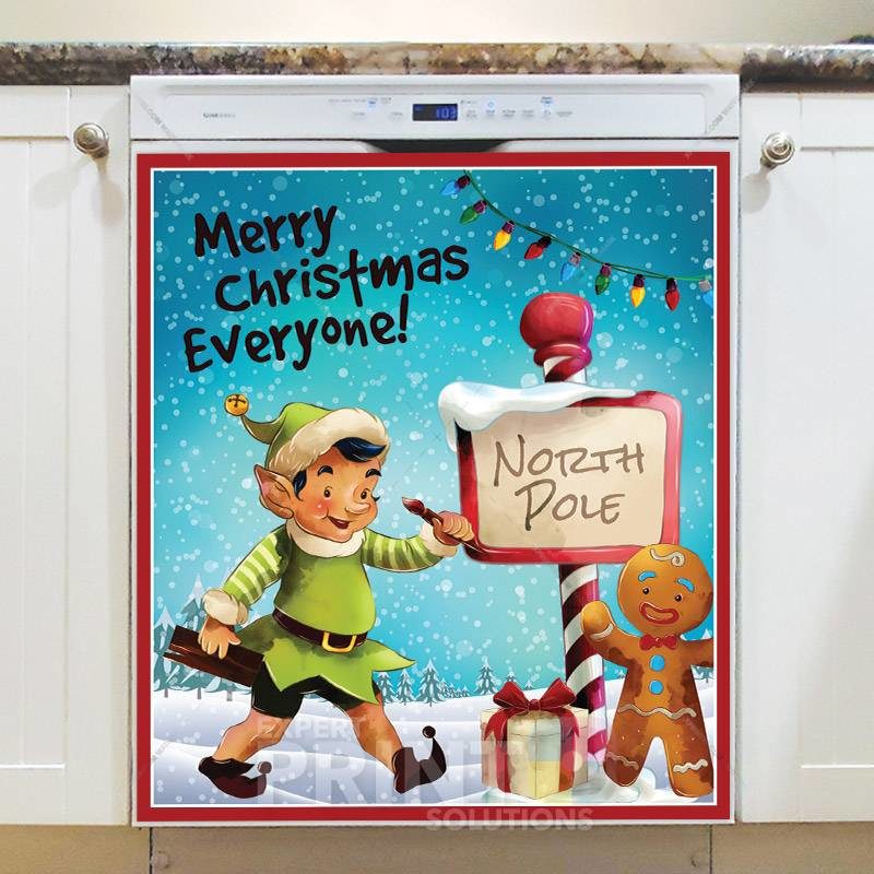 Happy Elf and Gingerbread Man Dishwasher Magnet