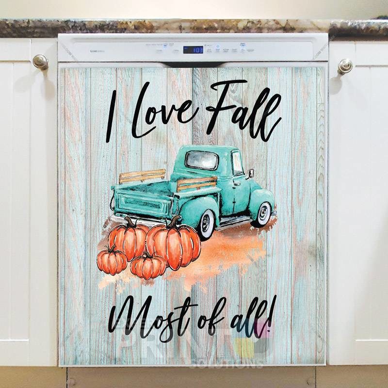 Teal Autumn truck and Pumpkins Dishwasher Magnet