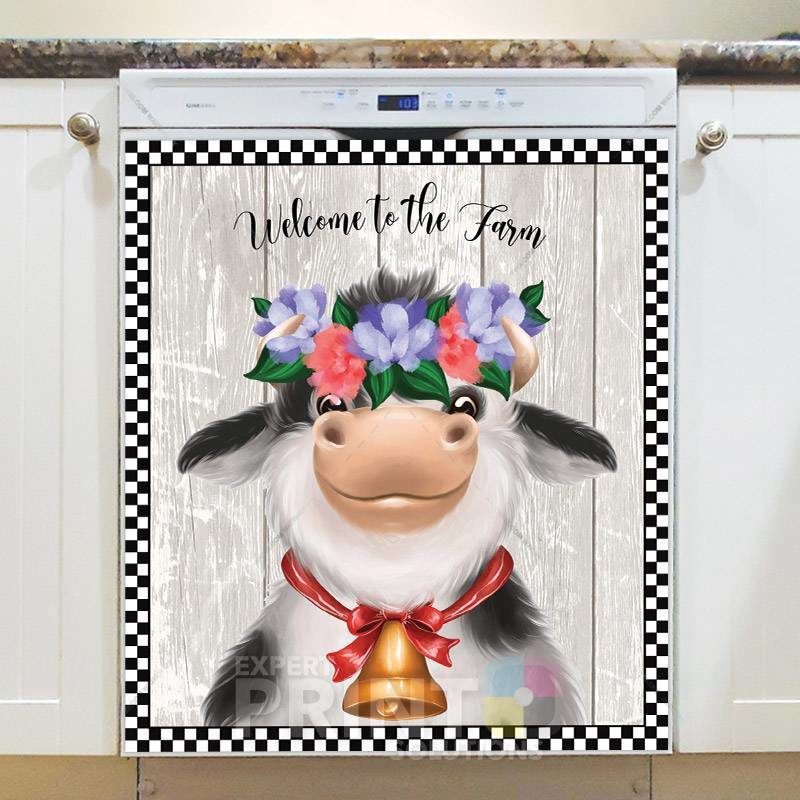 Cute Farmhouse Cow with Flower Wreath Dishwasher Magnet