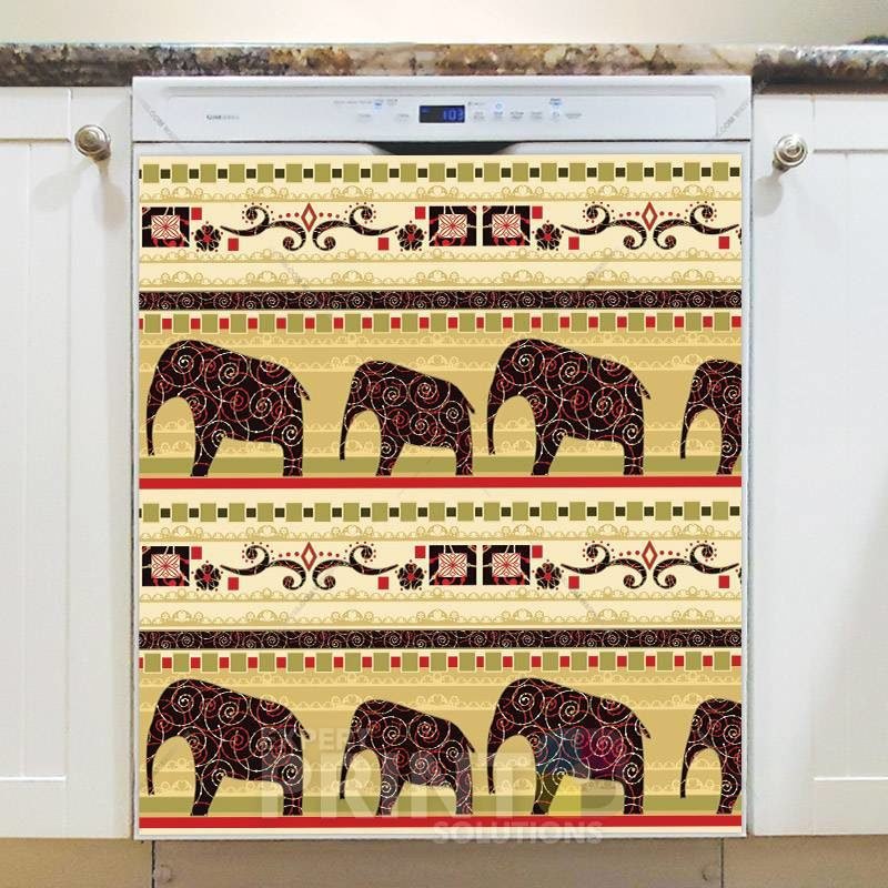 Bohemian Folk Art African Elephants Patchwork Pattern #1 Dishwasher Magnet