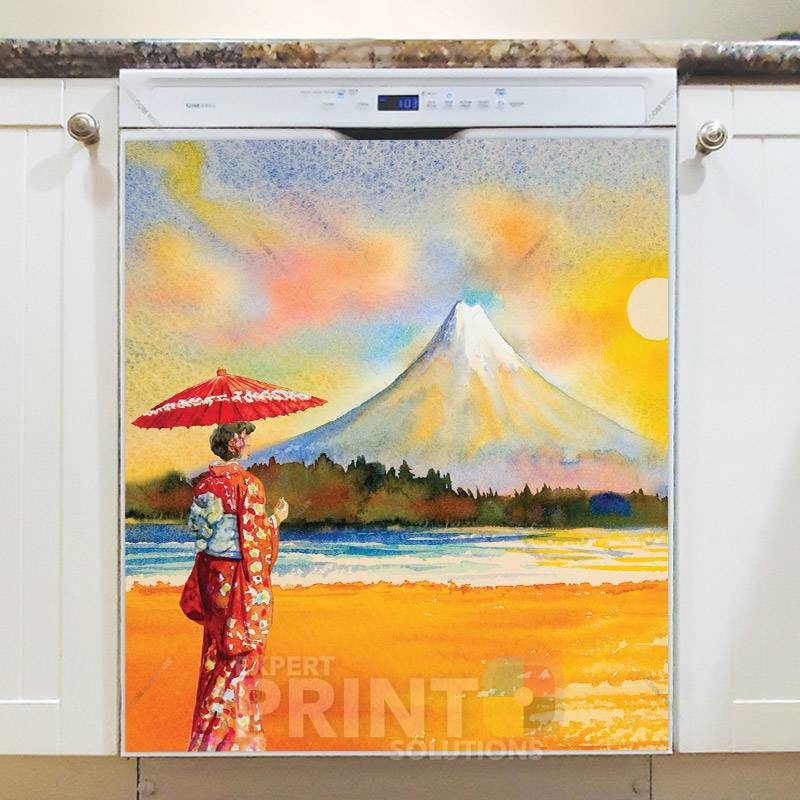 Beautiful Geisha and Mount Fuji Dishwasher Magnet