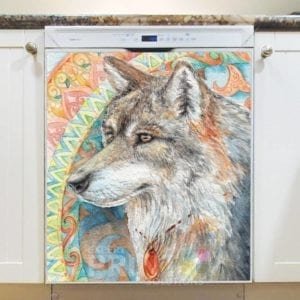 Bohemian Folk Art Wolf and Mandala Dishwasher Magnet