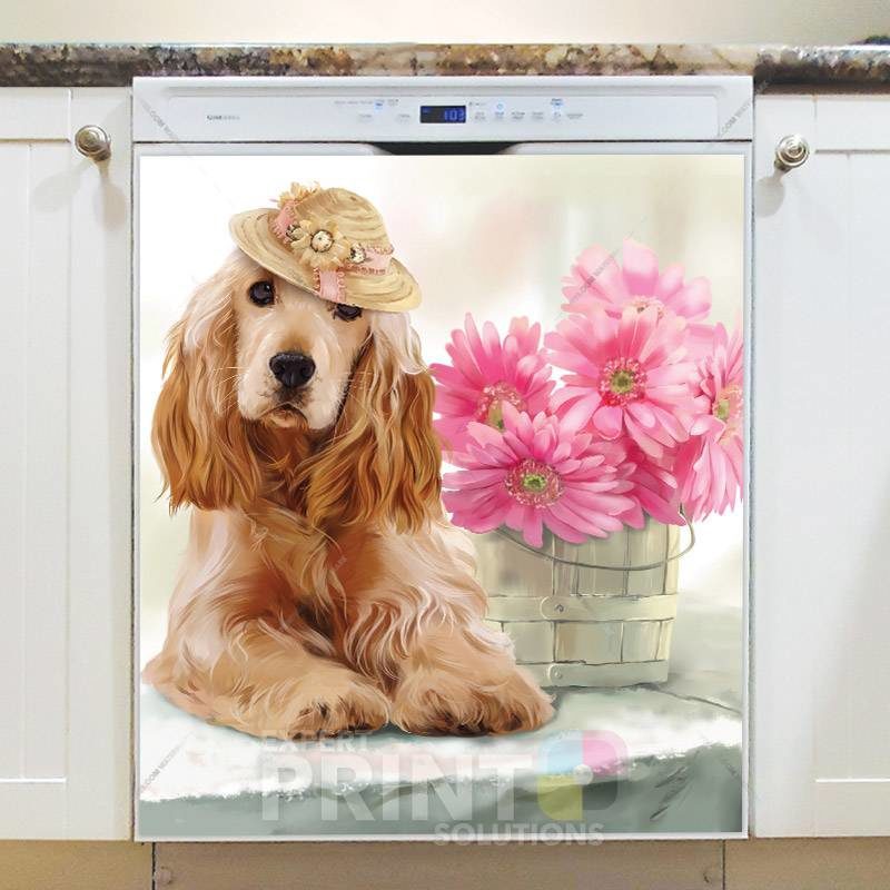 Spaniel in a Hat Sitting near Pink Flowers Dishwasher Magnet