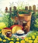 Summer Dairy Farm and Dandelions Garden Flag