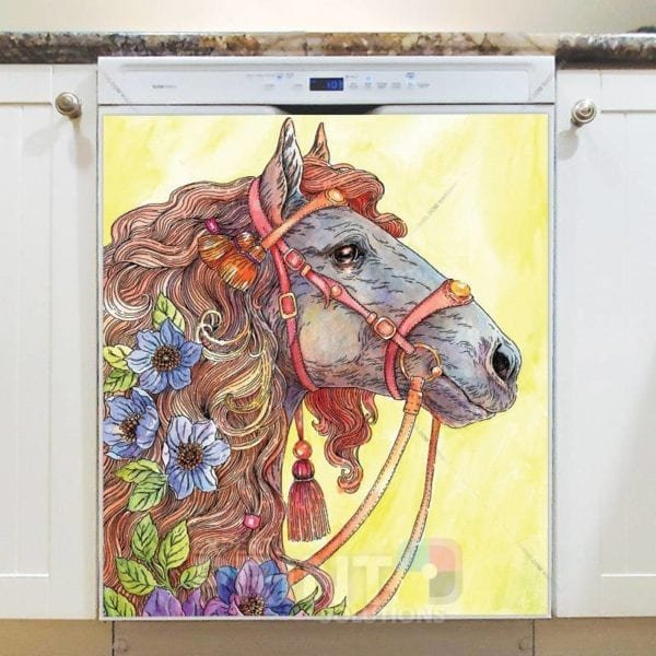 Beautiful Arabic Horse with Flowers Dishwasher Magnet