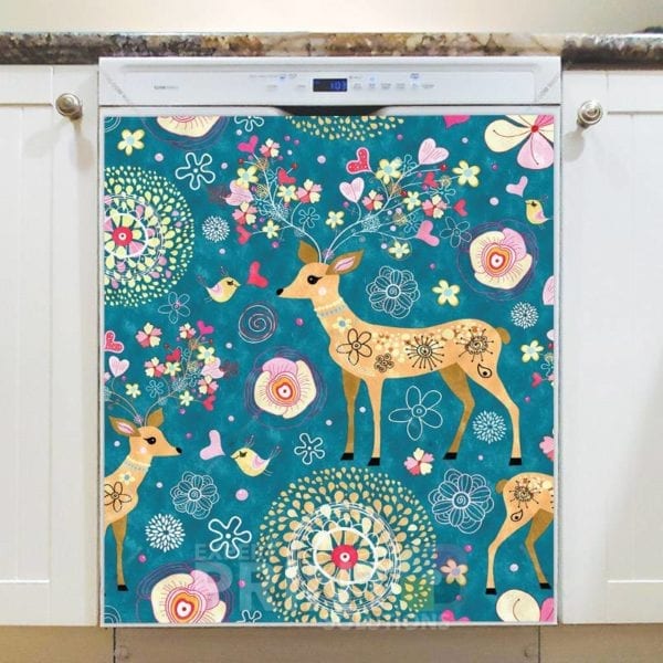 Bohemian Folk Art Ethnic Deer and Flowers Design Dishwasher Magnet