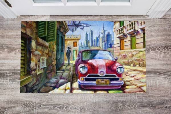 Old Red Car on a Sunny Street Floor Sticker