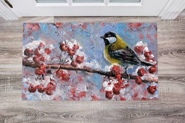 Little Bird on a Red Berry Tree Floor Sticker