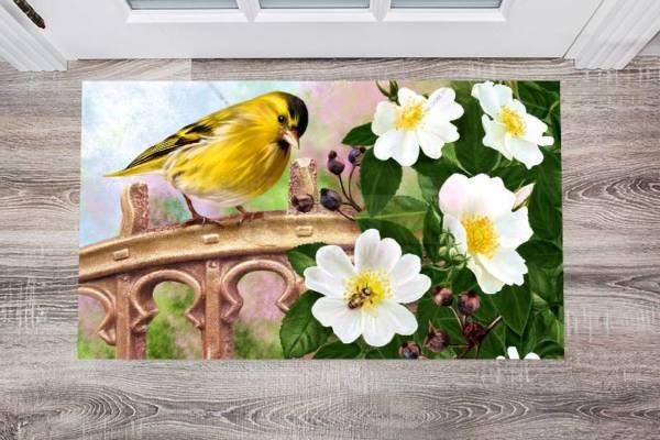 Little Yellow Bird and Blooming White Roses Floor Sticker