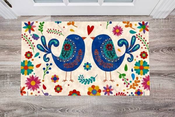 Bohemian Folk Art Pattern with a Birds and Flowers Floor Sticker