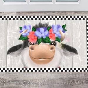 Cute Farmhouse Cow with Flower Wreath Floor Sticker