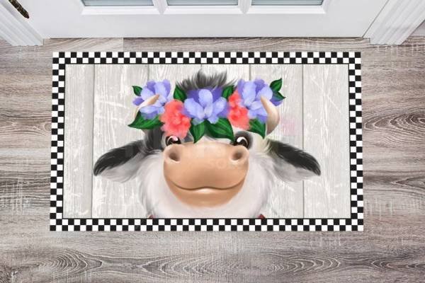 Cute Farmhouse Cow with Flower Wreath Floor Sticker