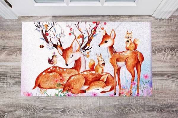 Beautiful Flower Deer Family #3 Floor Sticker