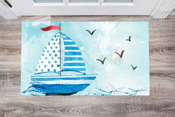 Cute Blue Sailboat Floor Sticker