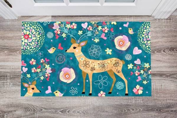 Bohemian Folk Art Ethnic Deer and Flowers Design Floor Sticker