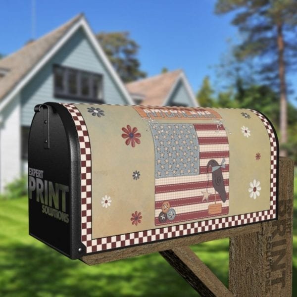 America ~ Prim USA Flag and Crow - Americana Decorative Curbside Farm Mailbox Cover