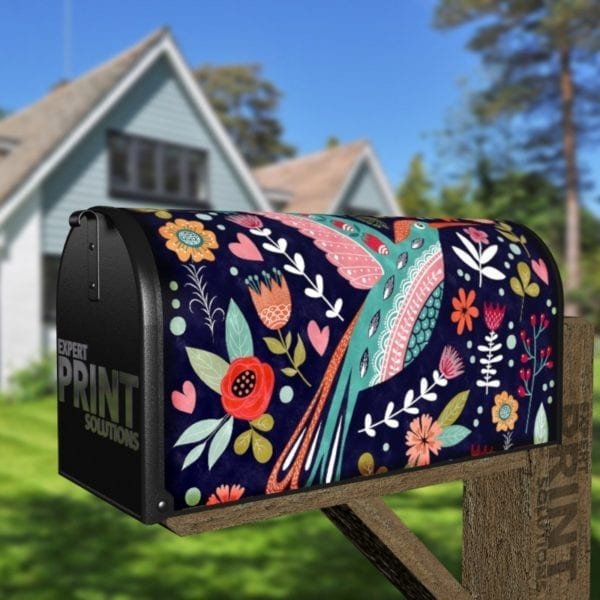 Bohemian Folk Art Hummingbird and Flowers Decorative Curbside Farm Mailbox Cover