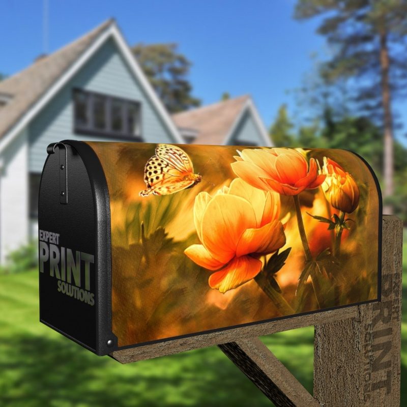 Yellow Butterfly and Flowers Decorative Curbside Farm Mailbox Cover