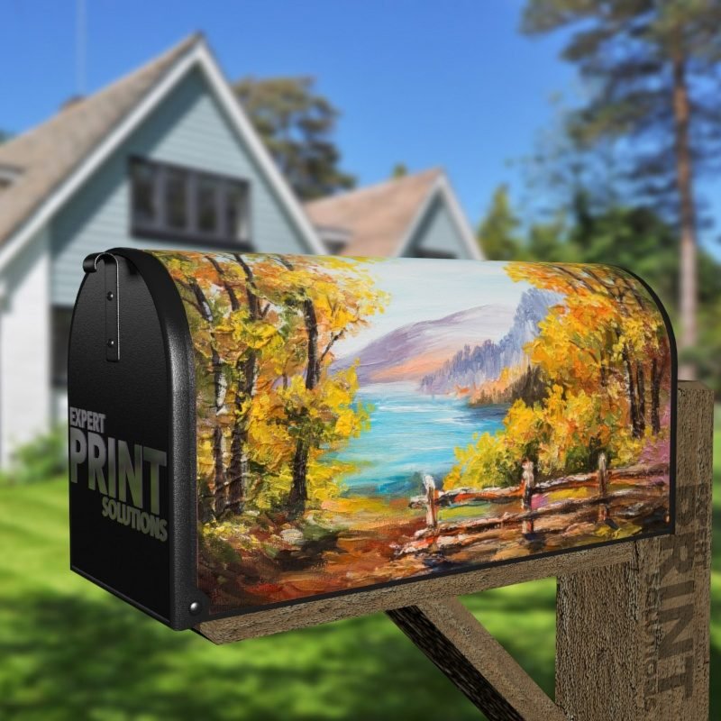 Colorful Autumn Forest and Mountain Lake Decorative Curbside Farm Mailbox Cover