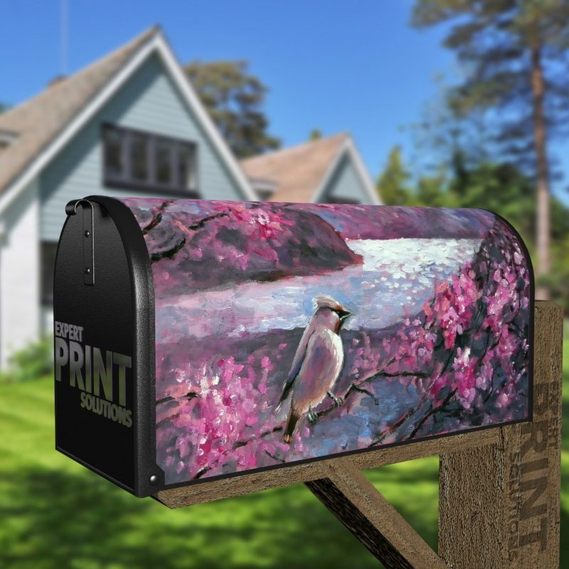 Waxwing Bird on a Blooming Tree Decorative Curbside Farm Mailbox Cover