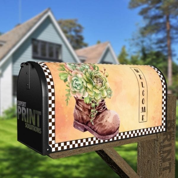 Old Gardening Boot with Succulents Decorative Curbside Farm Mailbox Cover