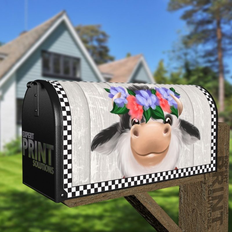 Cute Farmhouse Cow with Flower Wreath Decorative Curbside Farm Mailbox Cover