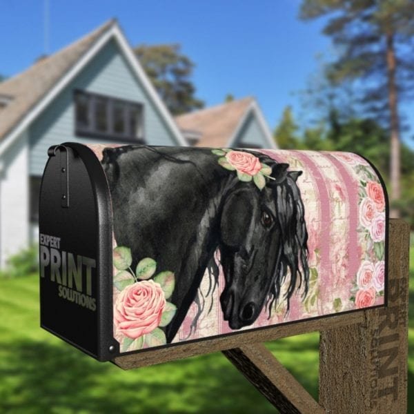 Beautiful Black Horse and Roses #1 Decorative Curbside Farm Mailbox Cover