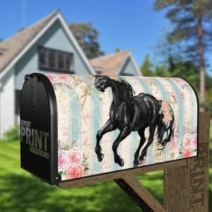 Beautiful Black Horse and Roses #2 Decorative Curbside Farm Mailbox Cover