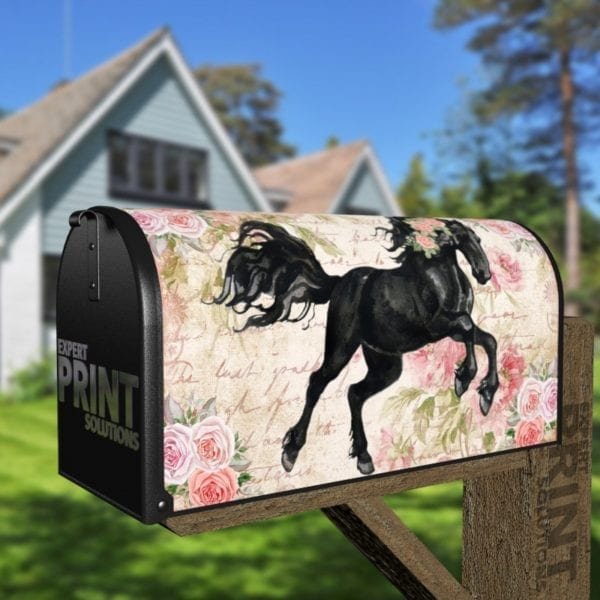 Beautiful Black Horse and Roses #3 Decorative Curbside Farm Mailbox Cover