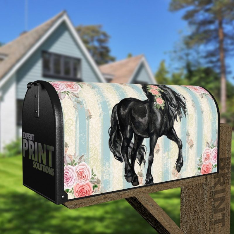 Beautiful Black Horse and Roses #4 Decorative Curbside Farm Mailbox Cover