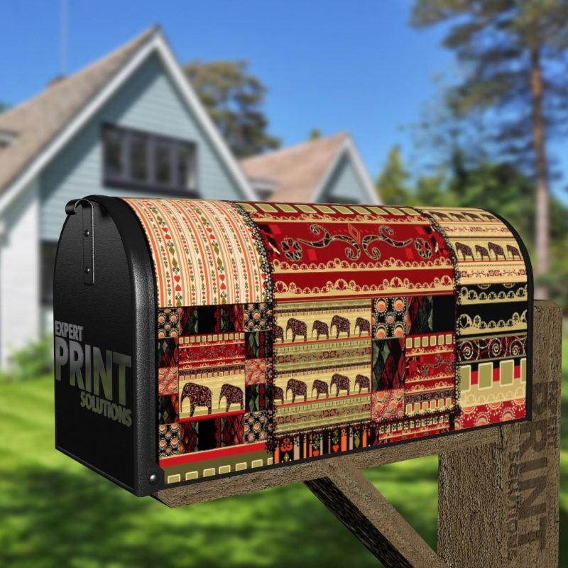 Bohemian Folk Art African Elephants Patchwork Pattern #2 Decorative Curbside Farm Mailbox Cover