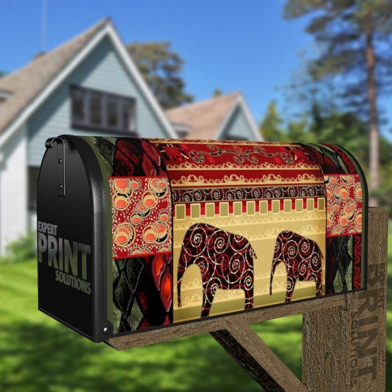 Bohemian Folk Art African Elephants Patchwork Pattern #3 Decorative Curbside Farm Mailbox Cover