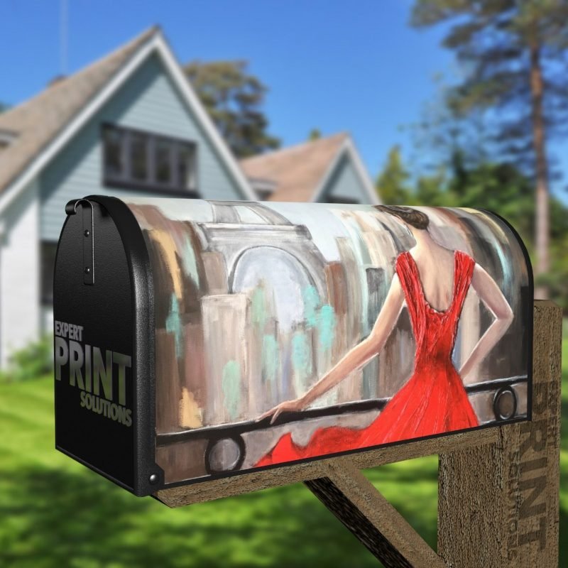 Elegant Red Dress Lady in Paris Decorative Curbside Farm Mailbox Cover