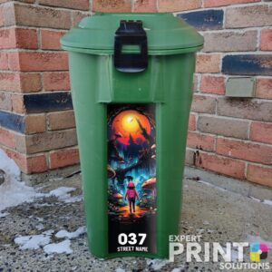 Colorful alien walking in an enchanted woods Green Bin Sticker
