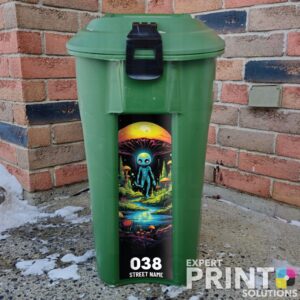Colorful cartoon alien in an enchanted woods Green Bin Sticker
