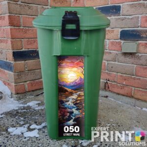 Stained glass river at sunset Green Bin Sticker
